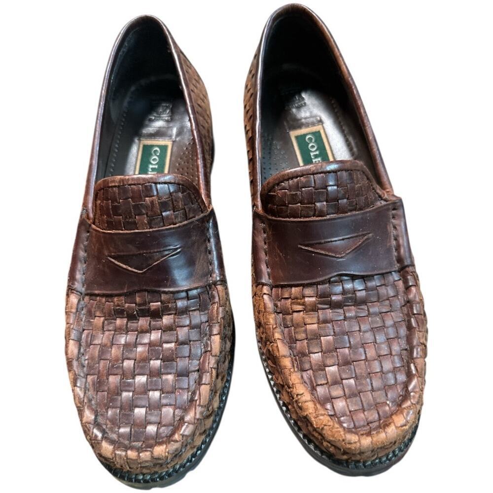 Cole Haan Brown Woven Leather Slip On Basketweave Penny Loafers Youth Size 6